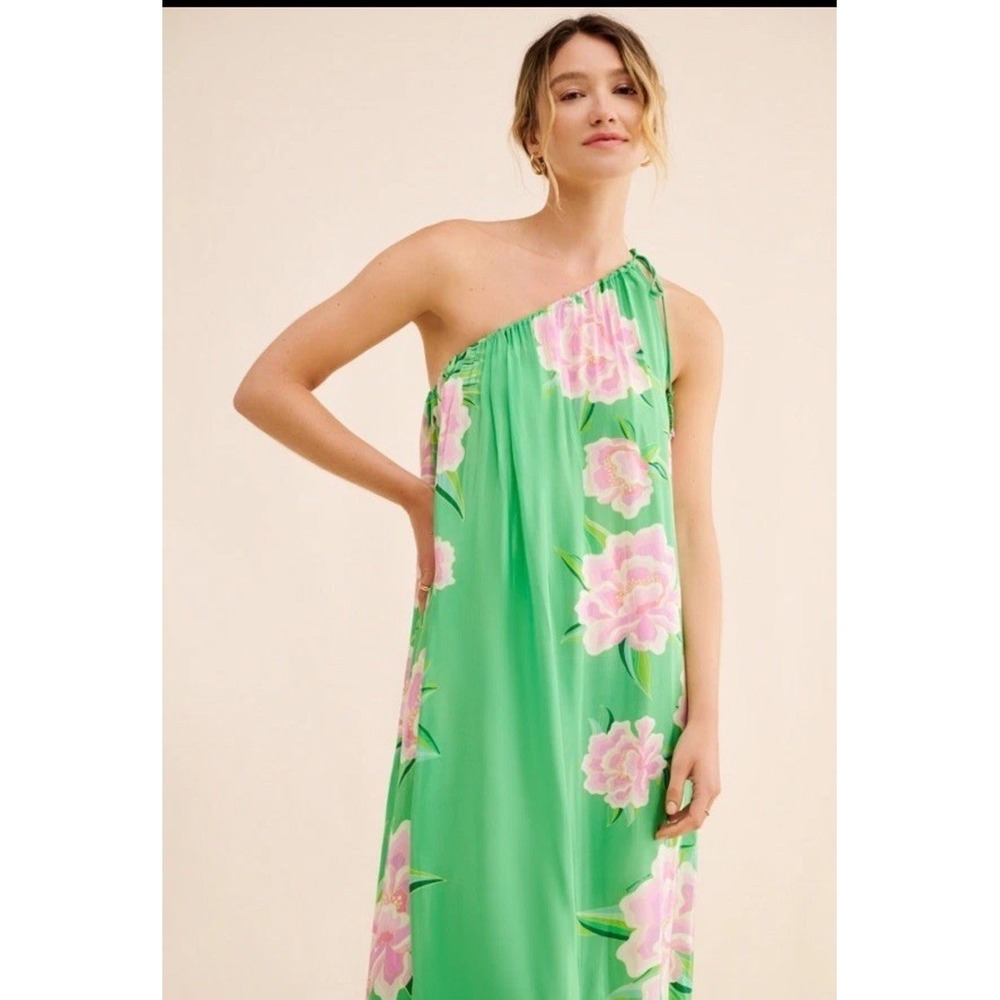 Farm Rio Dress Green Floral Vibing Maxi One Shoulder Silky Viscose fabric XL - Picture 3 of 10